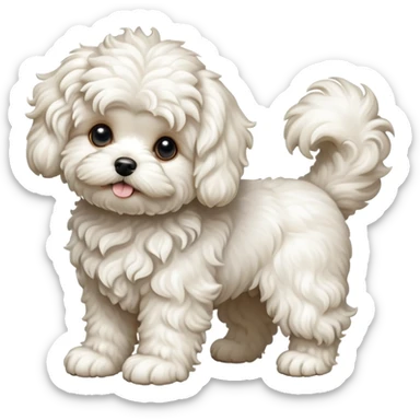 detailed-[curly haired maltese-dog]-realistic-full-body-sitting-emoji,-tail-resting-loosely-beside-its-paws,-head-tilted-dramatically,--wavy-[cream-white]-fur,-simplified-yet-realistic-focused-features,-highly-detailed,-glowing-with-an-almost-sarcastic sticker
