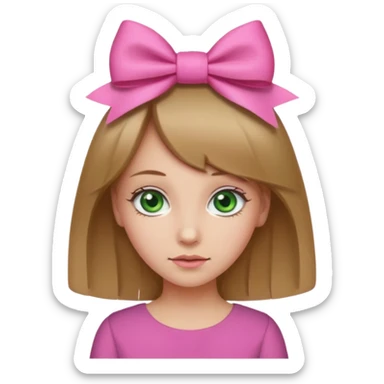 Create a girl in the photo with a pink bow on her head so that she would have brown blond hair and green eyes sticker