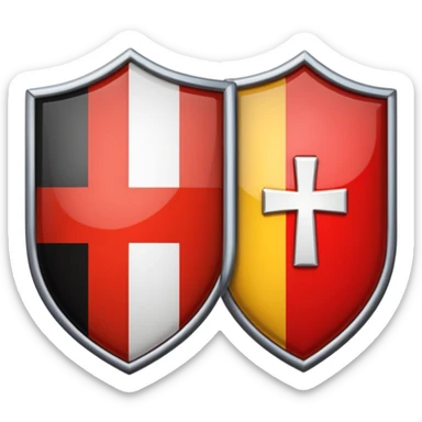 security shield. The shield is vertically divided: the left half displays the Swiss flag (red with white cross), and the right half displays the German flag (black, red, gold horizontal stripes) sticker