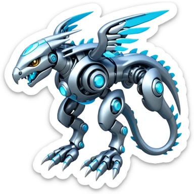 Futuristic mechanical cyborg modern badass cool shiny metallic alloy  white with glowing cyan-blue animal Digimon Fakémon hybrid full body with intricate patterns sticker