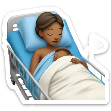 A pregnant woman resting on a hospital bed, holding her newborn baby wrapped snugly in a blue swaddle blanket.






 sticker