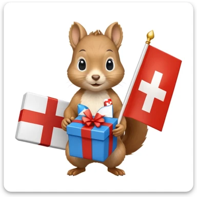 a squirrel holding a blue gift box in one hand and a Swiss flag in the other, both objects clearly visible, simple white background sticker