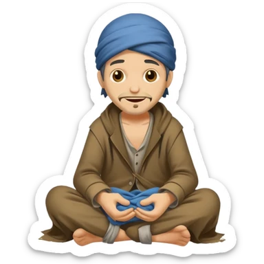 beggar who is also a homeless person poor with damaged clothing but happy face sticker