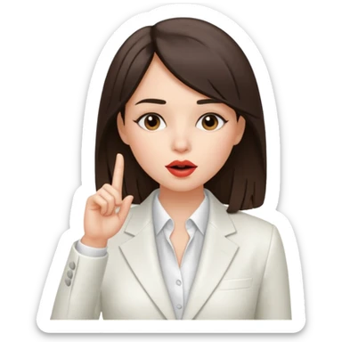 brunette girl wearing a white suit, with straight hair, making a "be quiet" gesture sticker