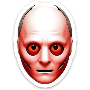 Icon for Thriller: A dark, chilling design featuring a silhouette of Hannibal Lecter’s mask, with a hint of his piercing eyes. Blood-red tones and eerie shadows add suspense, symbolizing the sinister atmosphere. Vintage, intense cinematic style. Transparent background. sticker
