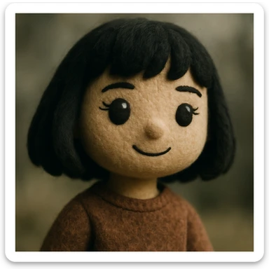 portrait of a girl with black shoulder-length hair, bangs, black almond-shaped eyes, full lips, and straight nose, plush portrait style sticker