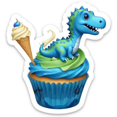 A cupcake having blue and black icing and a dinosaur as a decoration and ice cream next to it sticker