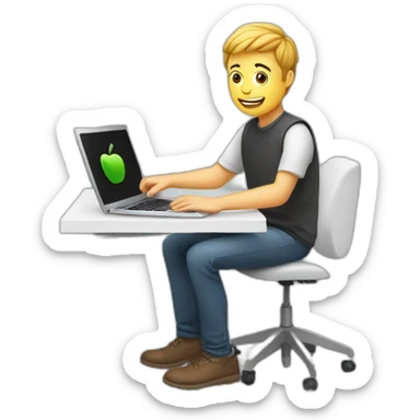 white video editor man using small apple laptop on side sticker