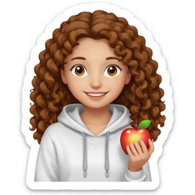 Una ragazza con una felpa semplice bianca,ha gli occhi marroni,i capelli marroni  , c’è gli ha lunghi e ricci  e ha le ciglia lo stile dell immagine deve essere  stile emoji apple sticker