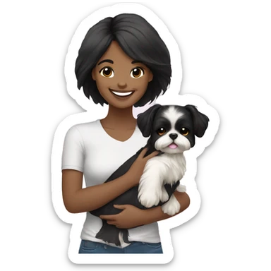 happy black hair girl carrying happy Shih Tzu sticker