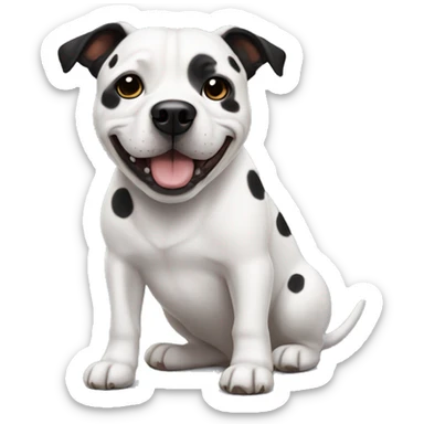 staffy dog with black ears, white face and has spots on his mane. it has its tongue poking out and is enjoying life  sticker
