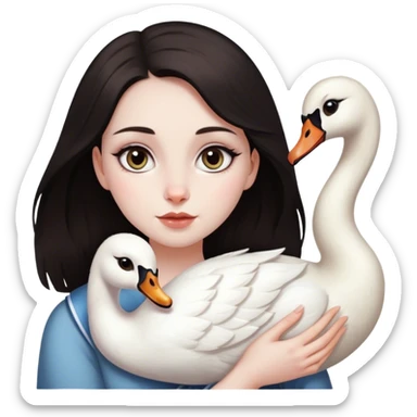 Girl who looks like Lana del Rey with dark hair, dark brown cat eyes, pale skin, with jewish nose, holding a swan sticker