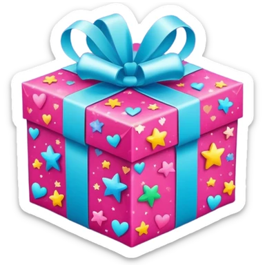 cute gift box with sparkling stars and hearts, smiling wrapping paper, vibrant colors, joyful and romantic mood sticker
