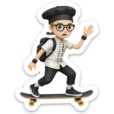 ["An angry boy , ponytail, wearing a chef hat and square glasses, dressed in goth fashion, is skateboarding while holding a backpack."] sticker