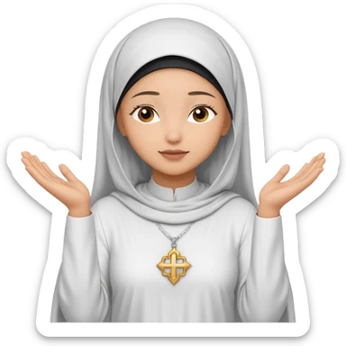 Light skin Muslim woman in plain white abaya side profile praying on silver prayer mat  holding up hands to god sticker