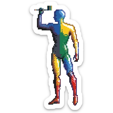 A paintbrush transforming into a metallic human silhouette, symbol of artistic identity sticker