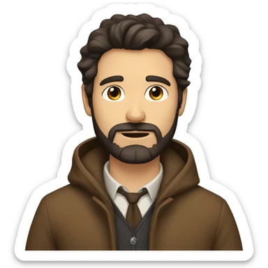 Man with very dark brown hair, tired eyes and scruffy beard wearing a brown coat sticker