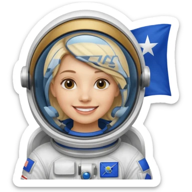 blonde female stronaut with blue flag sticker