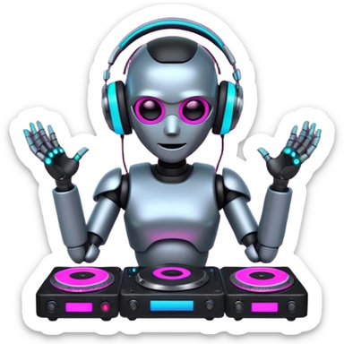 Robot DJ with bright glowing neon pink and neon green lights around turntables, wearing black with neon blue glowing headphones, 8k sticker