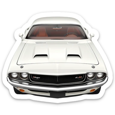 Elegant white 1971 Dodge Challenger muscle car, precise 30-degree perspective view, showing detailed front fascia and profile, clean lines, completely white exterior, iOS emoji style sticker