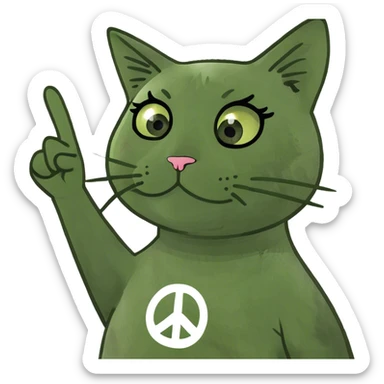 A cat with long eyelashes holding a peace sign sticker