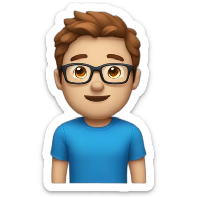 Slightly husky guy with reddish-brown hair a short beardand black glasses in a blue t shirt and blue eyes sticker