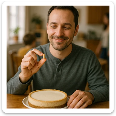 realistic style, person showing a supplement capsule above a cake, satisfied smile, realistic details, family environment sticker