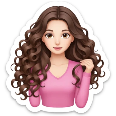 beautiful brunette with a light balayage white girl with nice defined loose and long curls , very long hair, clean girl makeup STRETCHING WITH PINK SET ON sticker