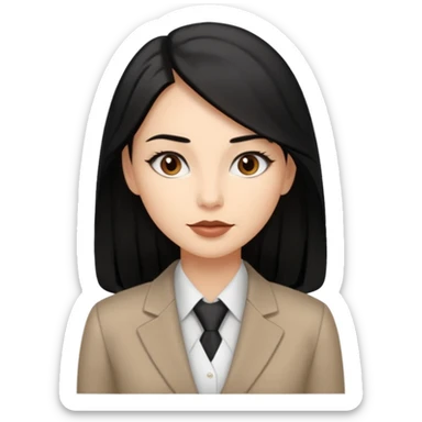 a woman with office outfits her hair is long black hair, her eyes are soft brown color and the color of her lip is soft brown sticker