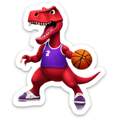 A red dinosaur wearing a purple jersey dribbling a basketball, city skyline in the background sticker