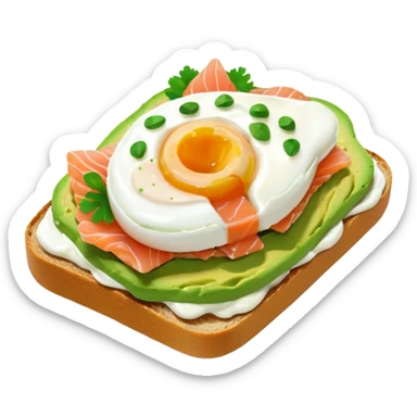 avocado toast with salmon and pachot eggs, green cream sticker