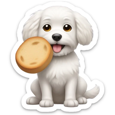 little white dog carrying a round loaf of bread in its mouth sticker