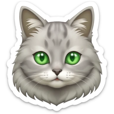 grey cat with green eyes and white stain below the blow sticker