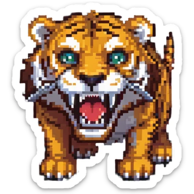 saber-toothed tiger with extremely small body and enormously exaggerated fangs, tiny creature with giant teeth that are much bigger than its whole body sticker