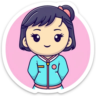 Vaporwave aesthetic Japanese girl with geometric background, retro 80s style, pastel colors, Japanese kanji text, digital sunset, nostalgic elements sticker