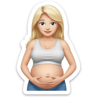White girl, long blonde hair, white tank crop top, smiling, bare midriff, blue eyes, huge round pregnant belly, jeans. sticker