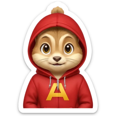 Portrait of a cartoon chipmunk with light brown and beige fur, wearing a red hoodie no zip with a yellow 'A' on it, big round eyes, small nose, and a mischievous grin, front-facing, stylized in animated movie style sticker