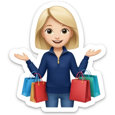 A little girl (he usually calls her baby), who is obsessed with shopping and luxury brands and holds a dozen of bags, she wears navy blue half zip sweater and holds 10 bags sticker