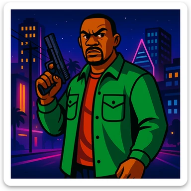 Change background to a vibrant night city, keep GTA character with gun in foreground. Maintain the original style and details of the character while updating the background to a vibrant night cityscape. sticker
