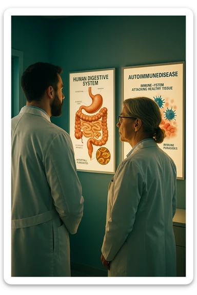 In italiano Realistic, detailed photo taken from behind of two doctors—a bearded man and a middle-aged woman—standing side by side in a modern medical office, intently studying a large, illuminated medical chart on the wall. The chart displays a detailed diagram of the human digestive system, highlighting the intestines and showing microscopic images of intestinal parasites. Next to it, another chart illustrates the immune system attacking healthy tissues, visually connecting gut parasites to autoimmune disease mechanisms. The room is bathed in a single green-blue color, with a warm, yellow-orange light casting soft shadows around the doctors. Both wear white coats and have serious, focused expressions, suggesting a deep discussion about the root causes of autoimmune conditions. Shot with a Canon EOS R5, with high detail, natural depth of field, and a clinical yet dramatic atmosphere. sticker