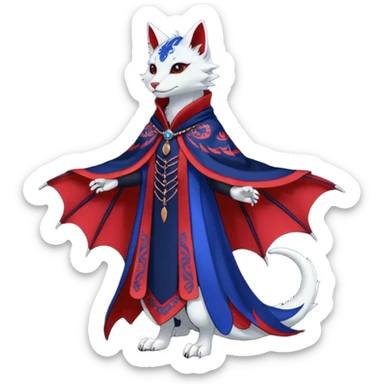 Kawaii black, red, indigo, cute beautiful pretty elegant divine edgy feline-vernid-sergal-Haku-dragon-fursona-animal-creature, full body, with intricate detailed markings, Embroidered capelet, silken shawl sticker