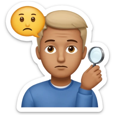 Realistic emoji-style man in simple everyday clothes, looking thoughtful and analytical. A thought bubble above his head shows a critical-thinking icon (question mark + magnifying glass). Soft lighting, expressive critical facial expression. sticker