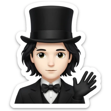 Male Goth with Top short Hat
 Wavy shoulder-length hair, white skin, black suit and gloves, pale skin tone,  sticker