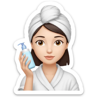 Uma mulher de toalha na cabeça pq ela acabou de sair do banho. A pele é branca/clara e cabelo marrom escuro, cabelo liso.  Ela tá com um hidratante nas mãos,  pq ela vai cuidar da pele sticker