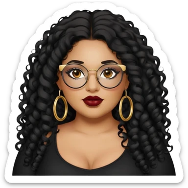 big plus size, latina, darker tan skin, gold hoops, long black curly hair, baddie,pretty, makeup, dark red lipgloss, black eyeliner, long hair, black top, black glasses sticker