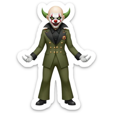 evil clown, bald, short black devil horns on forehead, fangs, pointed ears, black and military green leisure suit with bellbottom pants, realistically proportioned, less bulky, full body, battle-ready, fighting posture sticker