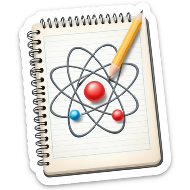 open notebook with an atom symbol on the page sticker