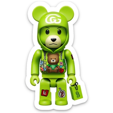 bearbrick with cube head in a lime green balaclava heavily tagged with multiple luxury and street brand logos, random placement like street graffiti, Supreme, Gucci, LV, Nike swooshes all mixed in wild street art style sticker