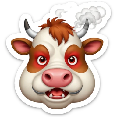 Angry cow with smoke coming out from its nose and red sticker