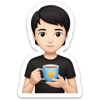 The boy teen have a black hair, and black T-shirt with a cup of tea. Sky blue background  sticker